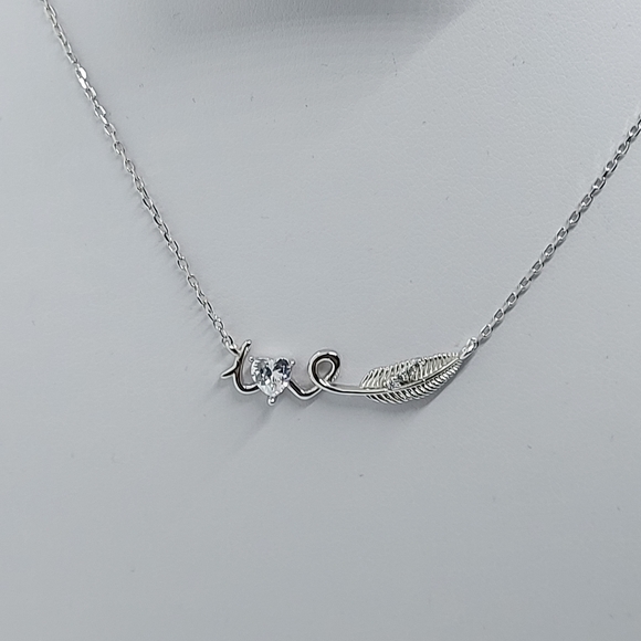 925 Sterling Silver Feather, Heart & Message Necklace,with CZ Simulated Diamonds - Picture 8 of 8